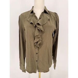 Lauren Ralph Lauren Silk Ruffle Front Button Up Shirt Olive Green Size 10